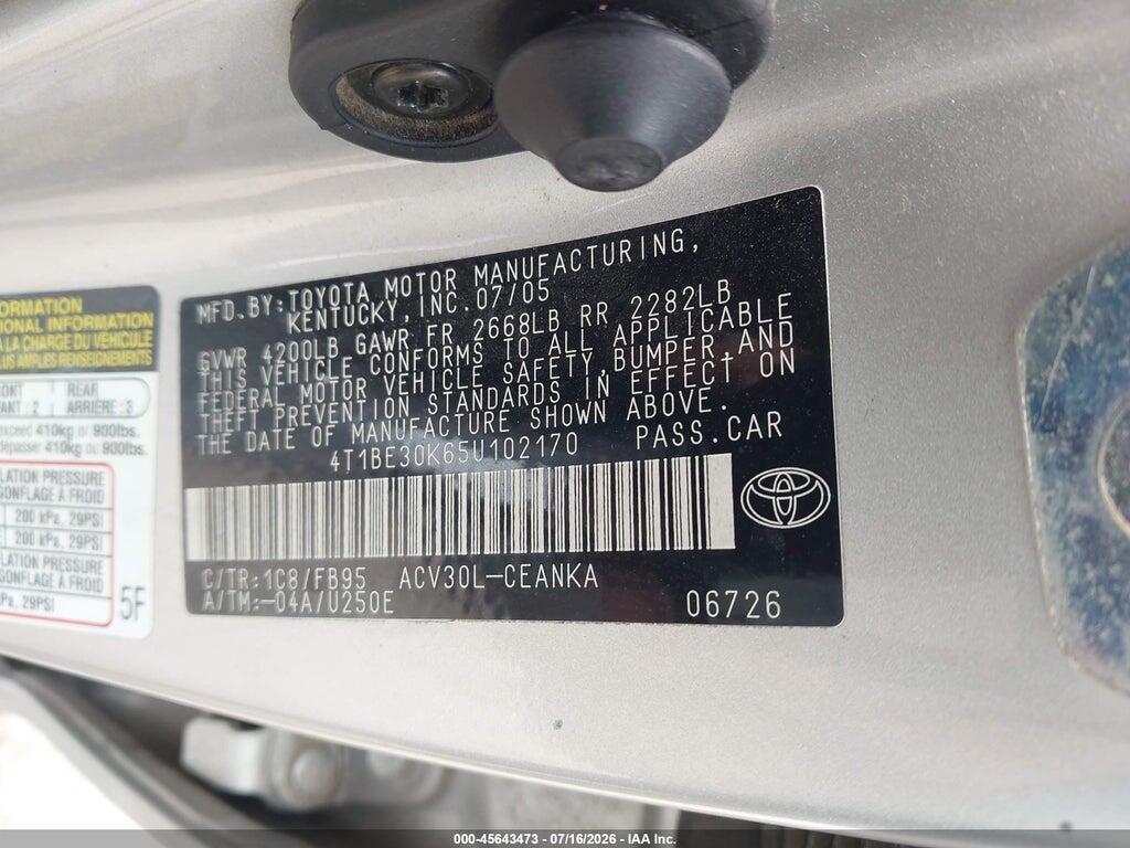 4T1BE30K65U102170 2005 TOYOTA CAMRY photo no. 9