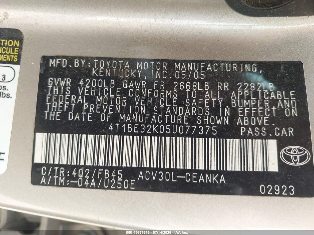 4T1BE32K05U077375 2005 TOYOTA CAMRY photo no. 9