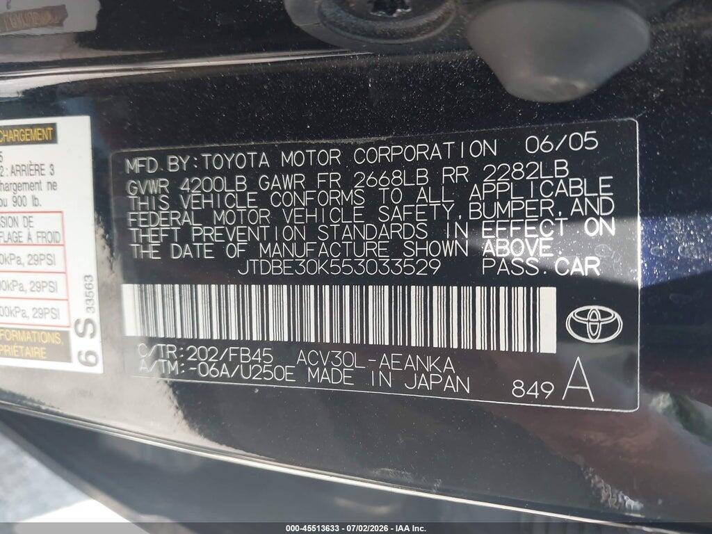 JTDBE30K553033529 2005 TOYOTA CAMRY photo no. 9