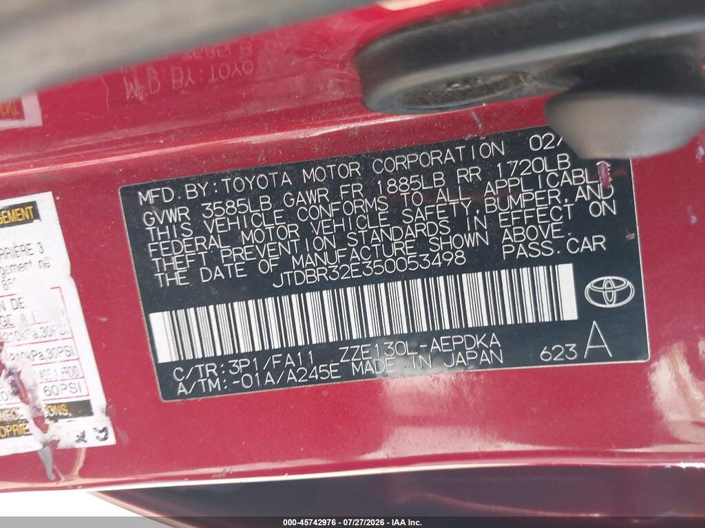 JTDBR32E350053498 2005 TOYOTA COROLLA photo no. 9