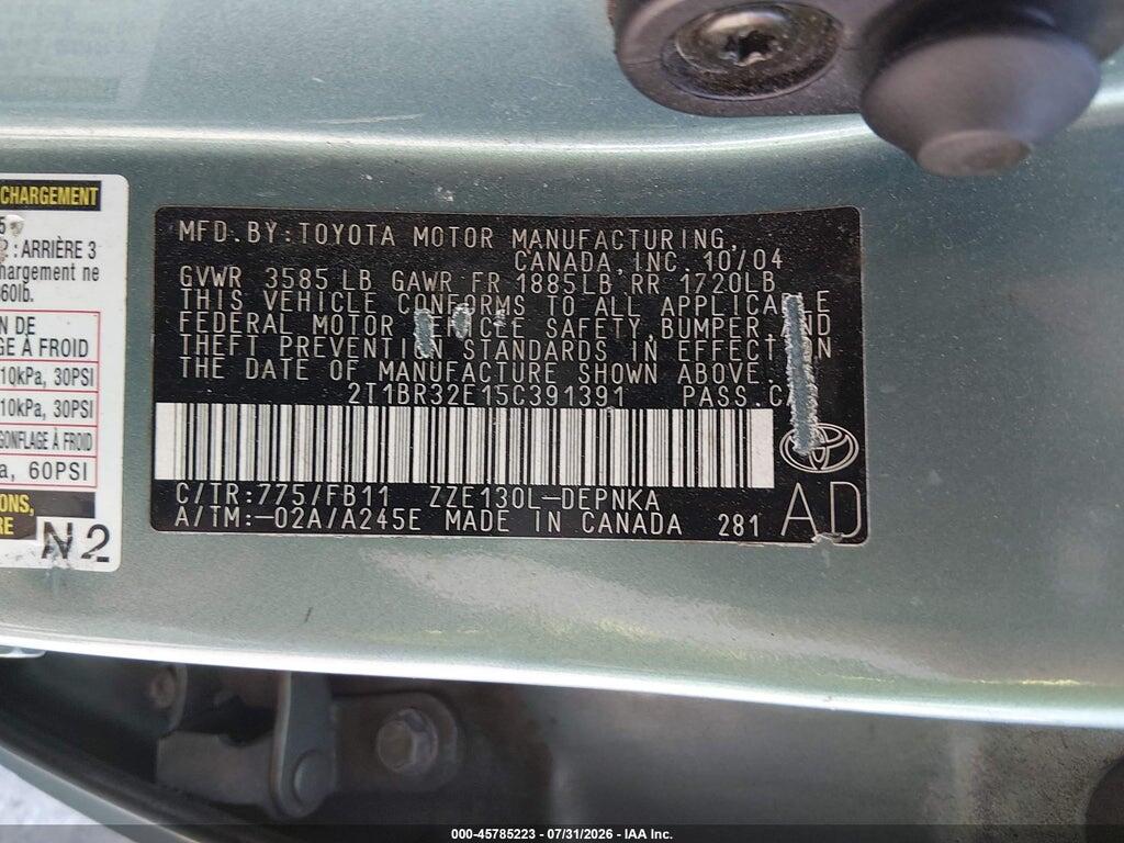 2T1BR32E15C391391 2005 TOYOTA COROLLA photo no. 9