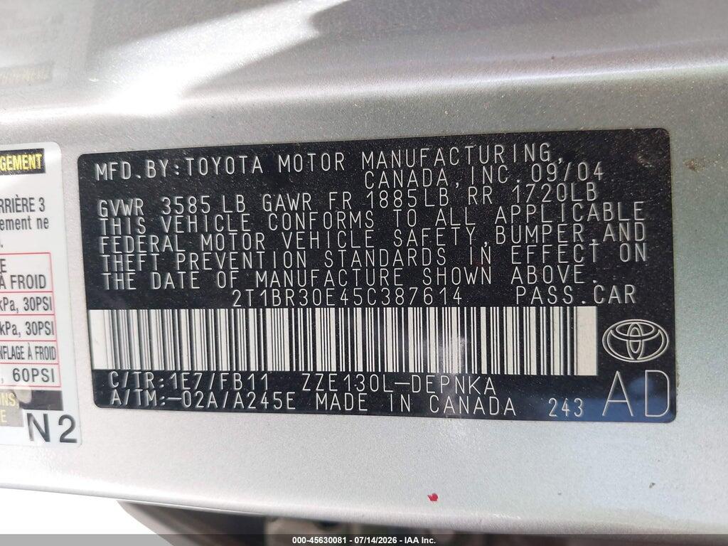 2T1BR30E45C387614 2005 TOYOTA COROLLA photo no. 9