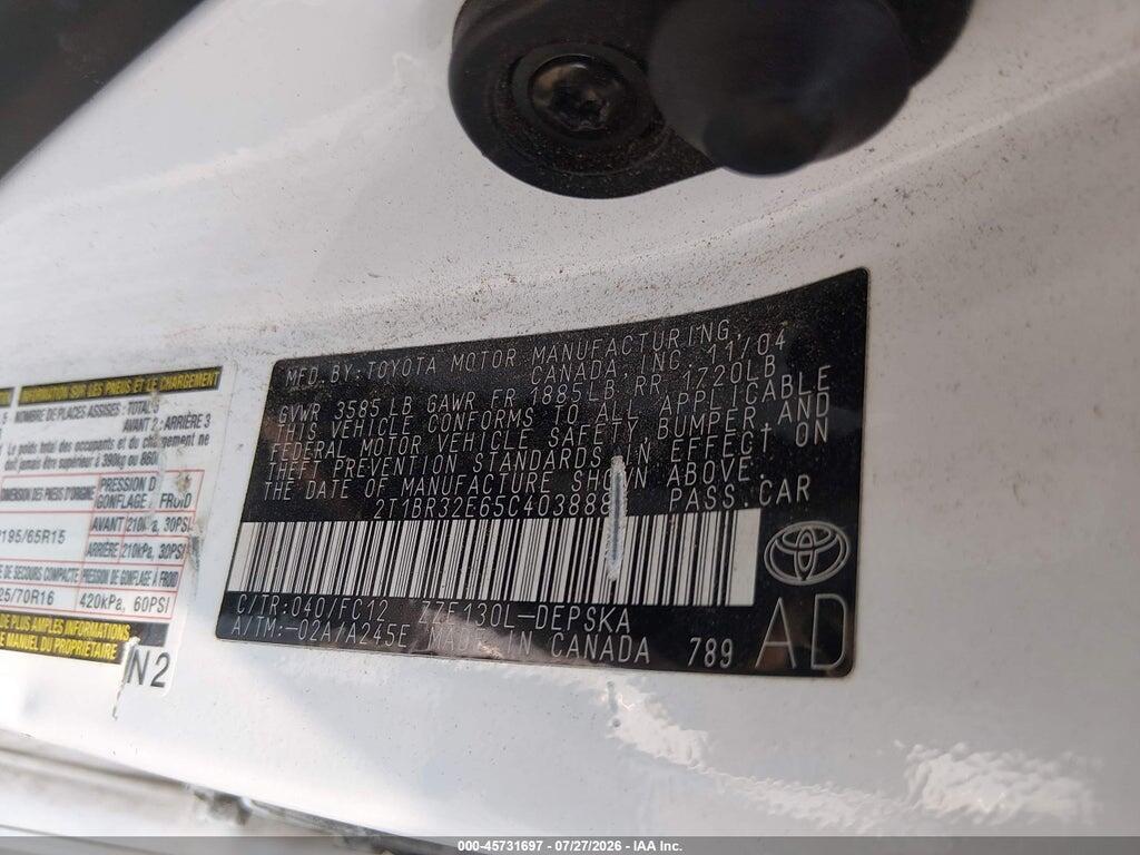 2T1BR32E65C403888 2005 TOYOTA COROLLA photo no. 9