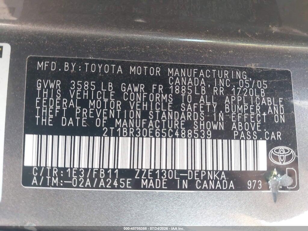2T1BR30E65C488539 2005 TOYOTA COROLLA photo no. 9