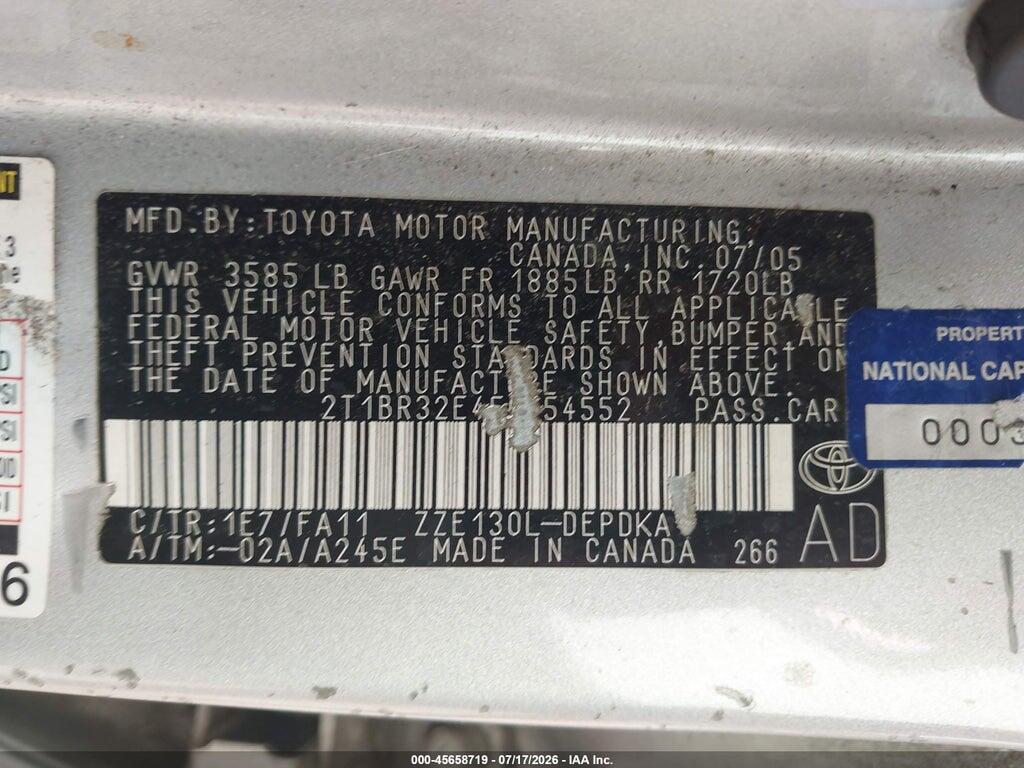 2T1BR32E45C554552 2005 TOYOTA COROLLA photo no. 9