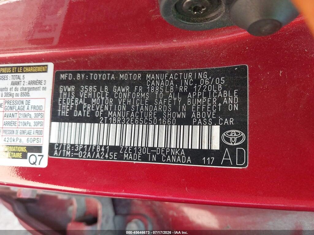 2T1BR32E65C501660 2005 TOYOTA COROLLA photo no. 9