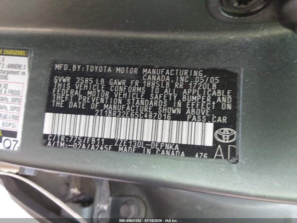 2T1BR32E65C487016 2005 TOYOTA COROLLA photo no. 9