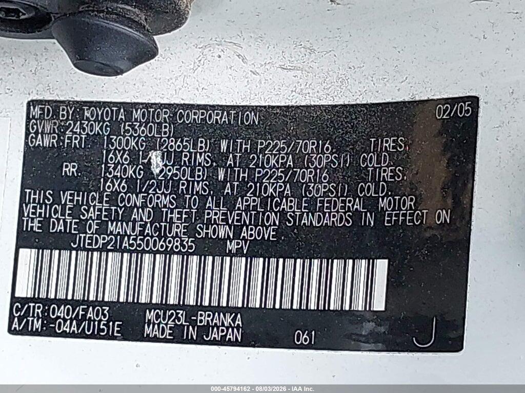 JTEDP21A550069835 2005 TOYOTA HIGHLANDER photo no. 9