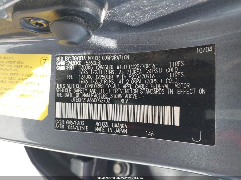 JTEGP21A650052703 2005 TOYOTA HIGHLANDER photo no. 9