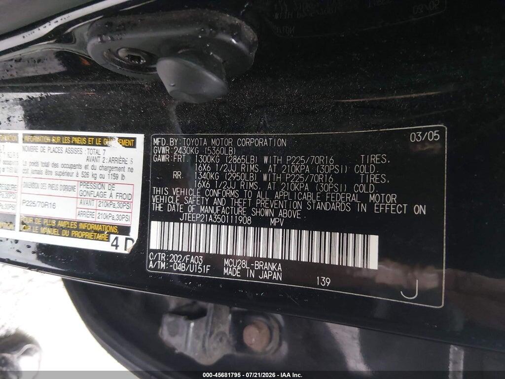 JTEEP21A350111908 2005 TOYOTA HIGHLANDER photo no. 9