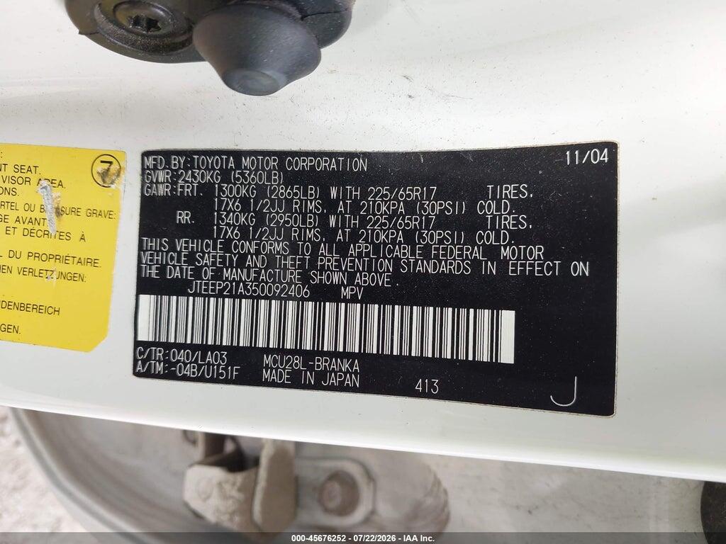 JTEEP21A350092406 2005 TOYOTA HIGHLANDER photo no. 9