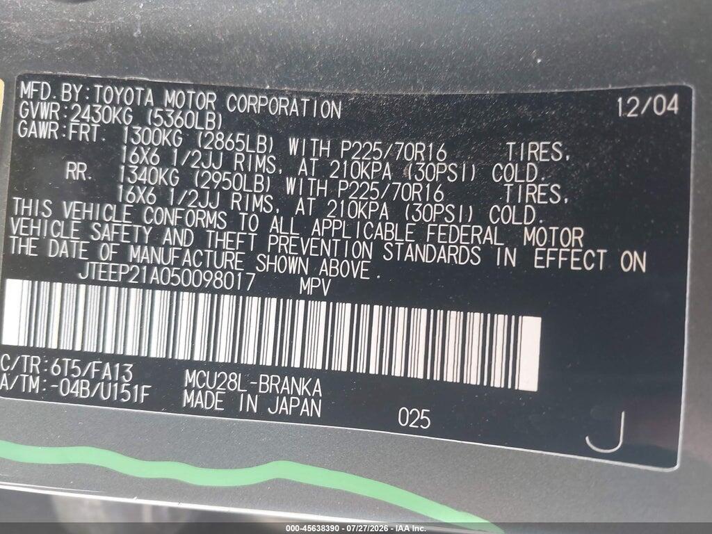 JTEEP21A050098017 2005 TOYOTA HIGHLANDER photo no. 9