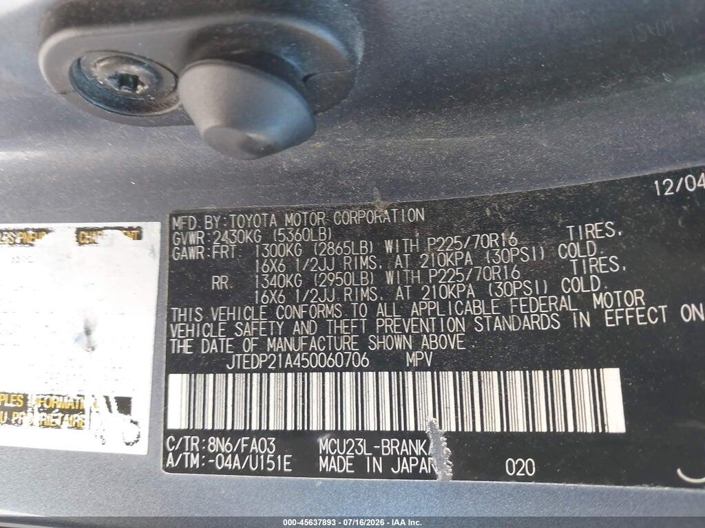 JTEDP21A450060706 2005 TOYOTA HIGHLANDER photo no. 9