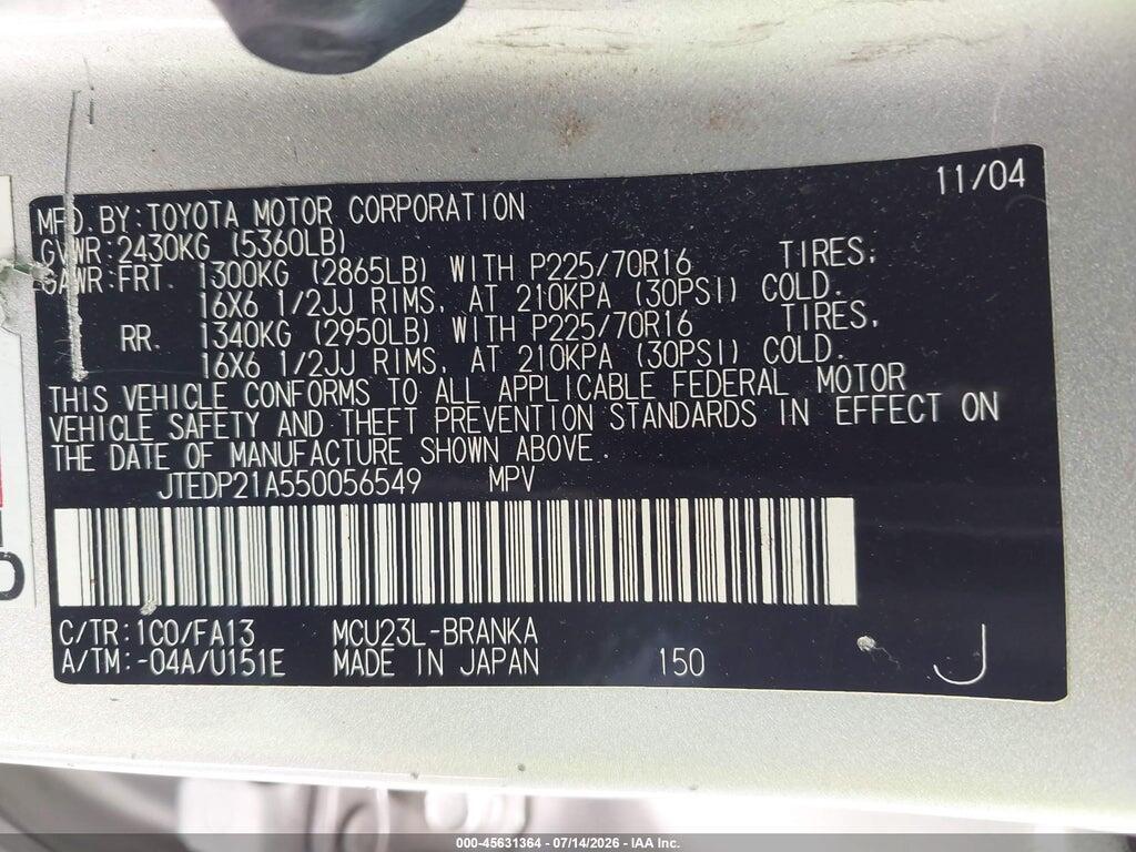 JTEDP21A550056549 2005 TOYOTA HIGHLANDER photo no. 9