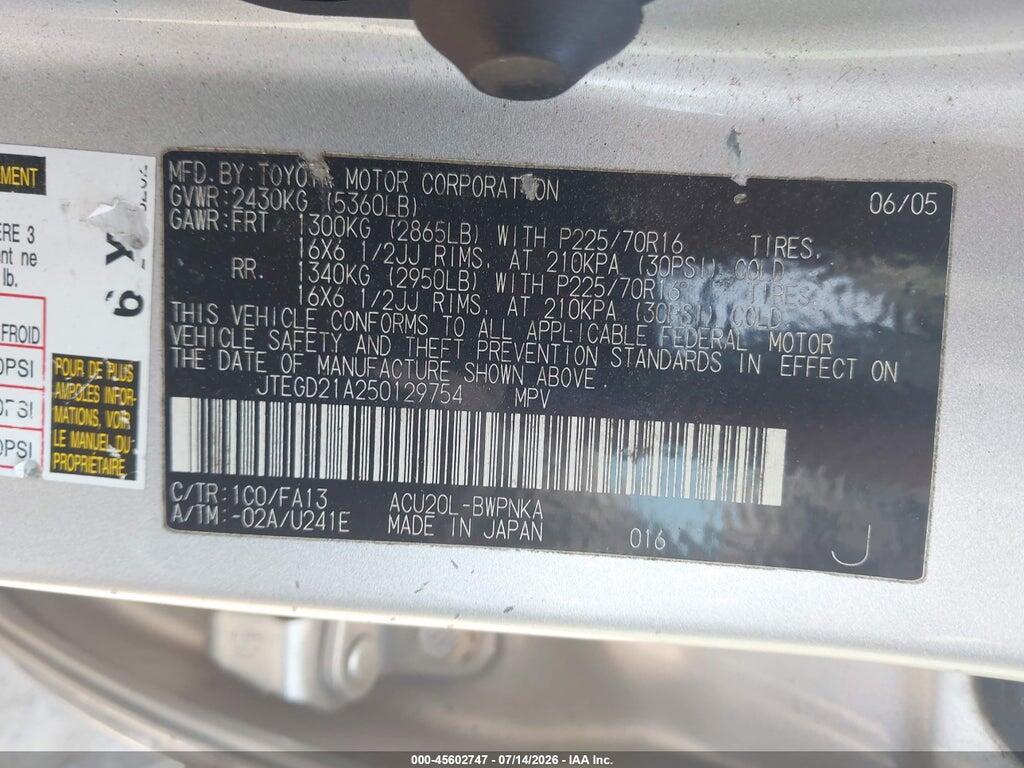 JTEGD21A250129754 2005 TOYOTA HIGHLANDER photo no. 9
