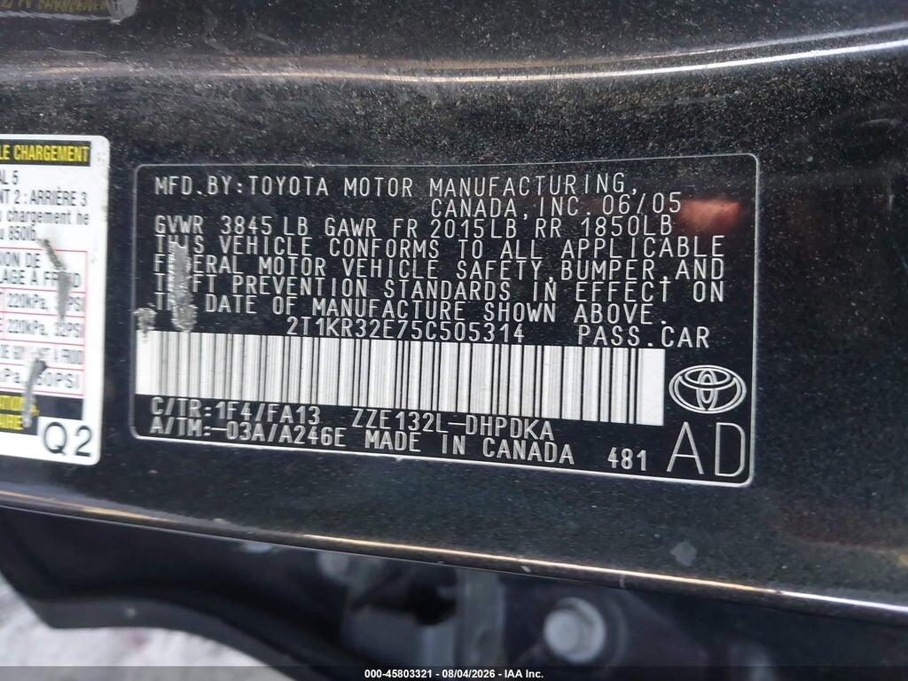 2T1KR32E75C505314 2005 TOYOTA MATRIX photo no. 9