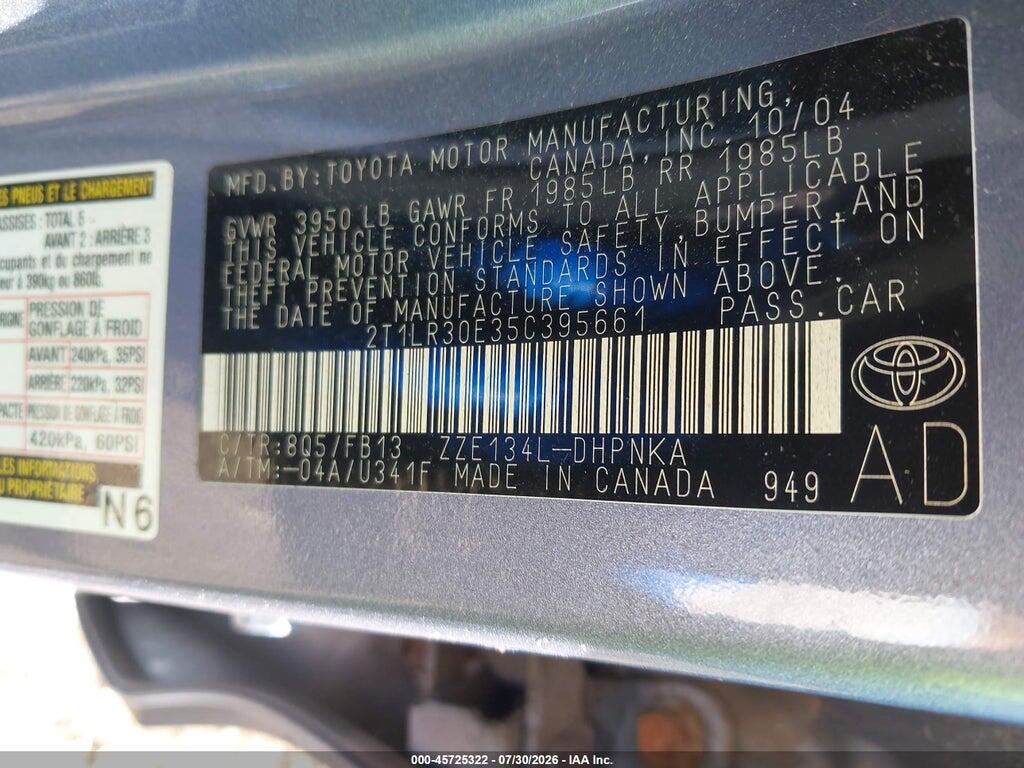 2T1LR30E35C395661 2005 TOYOTA MATRIX photo no. 9