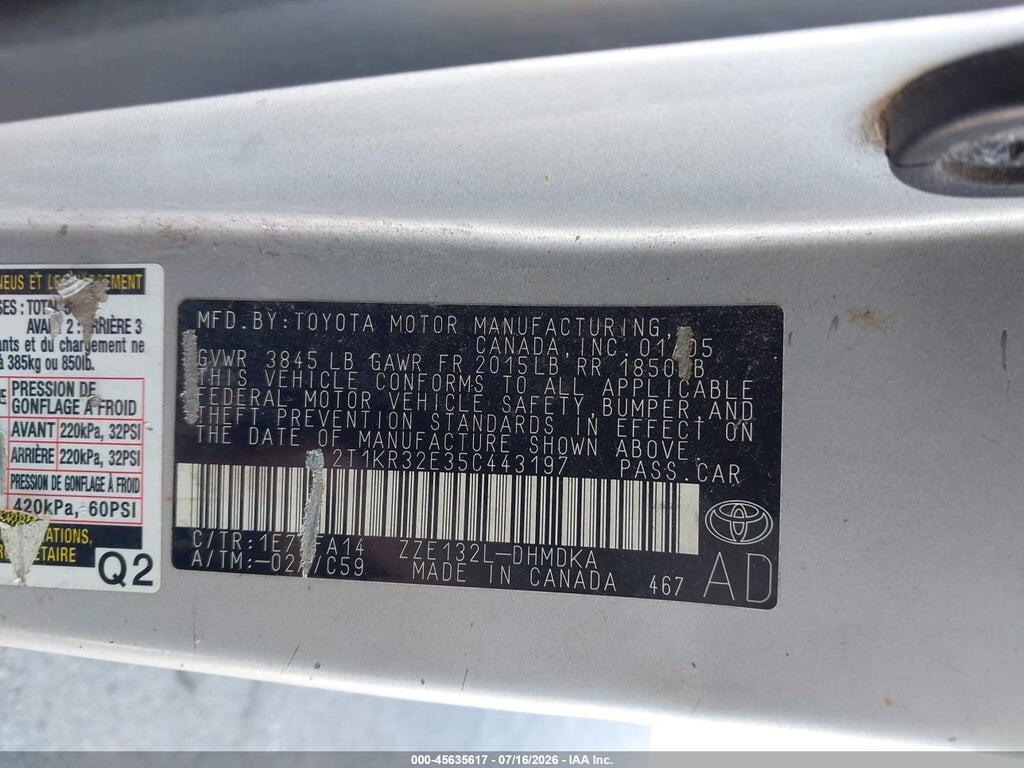 2T1KR32E35C443197 2005 TOYOTA MATRIX photo no. 9