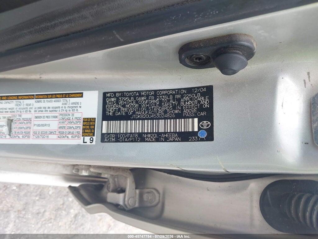 JTDKB20U453024826 2005 TOYOTA PRIUS photo no. 9