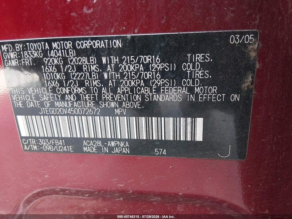 JTEGD20V450072672 2005 TOYOTA RAV4 photo no. 9