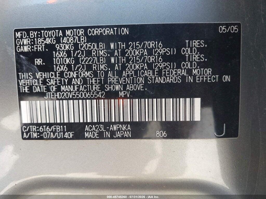 JTEHD20V550065542 2005 TOYOTA RAV4 photo no. 9