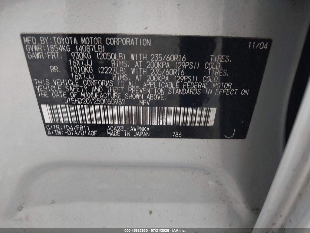 JTEHD20V250050982 2005 TOYOTA RAV4 photo no. 9