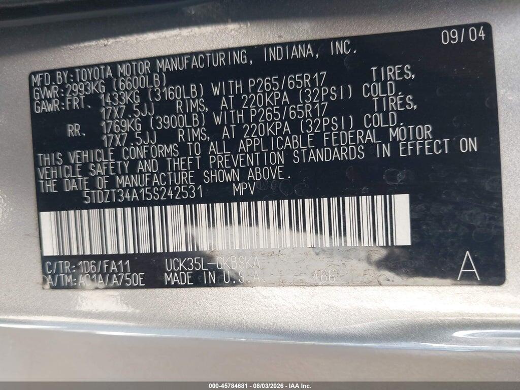 5TDZT34A15S242531 2005 TOYOTA SEQUOIA photo no. 9