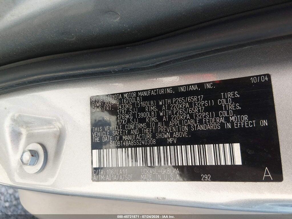 5TDBT48A85S240308 2005 TOYOTA SEQUOIA photo no. 9