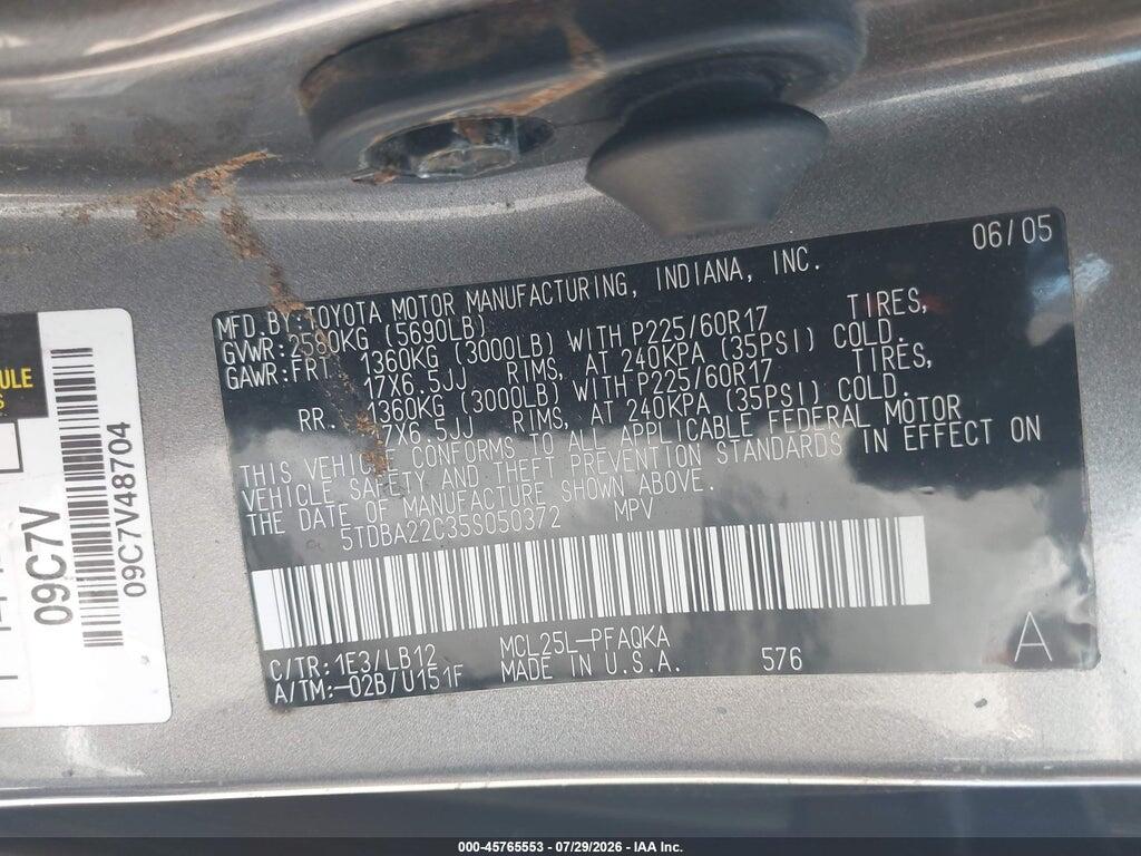 5TDBA22C35S050372 2005 TOYOTA SIENNA photo no. 9