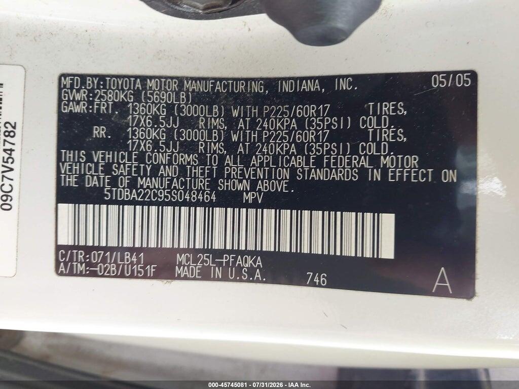 5TDBA22C95S048464 2005 TOYOTA SIENNA photo no. 9