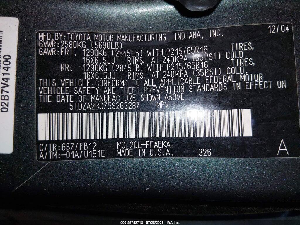 5TDZA23C75S263287 2005 TOYOTA SIENNA photo no. 9
