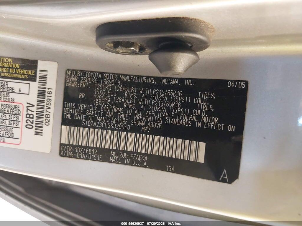 5TDZA23C05S329940 2005 TOYOTA SIENNA photo no. 9
