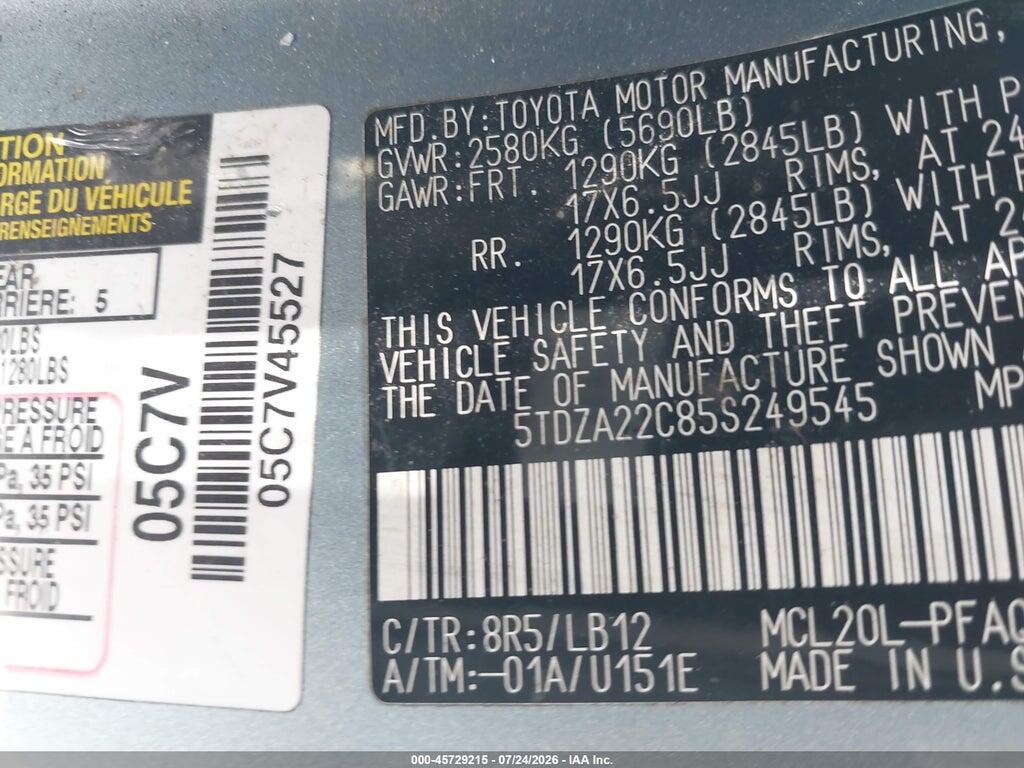 5TDZA22C85S249545 2005 TOYOTA SIENNA photo no. 9