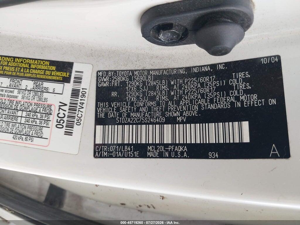 5TDZA22C75S246409 2005 TOYOTA SIENNA photo no. 9