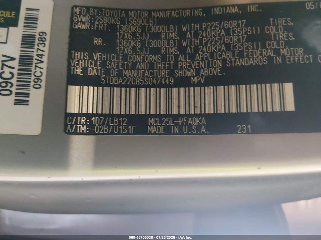 5TDBA22C85S047449 2005 TOYOTA SIENNA photo no. 9