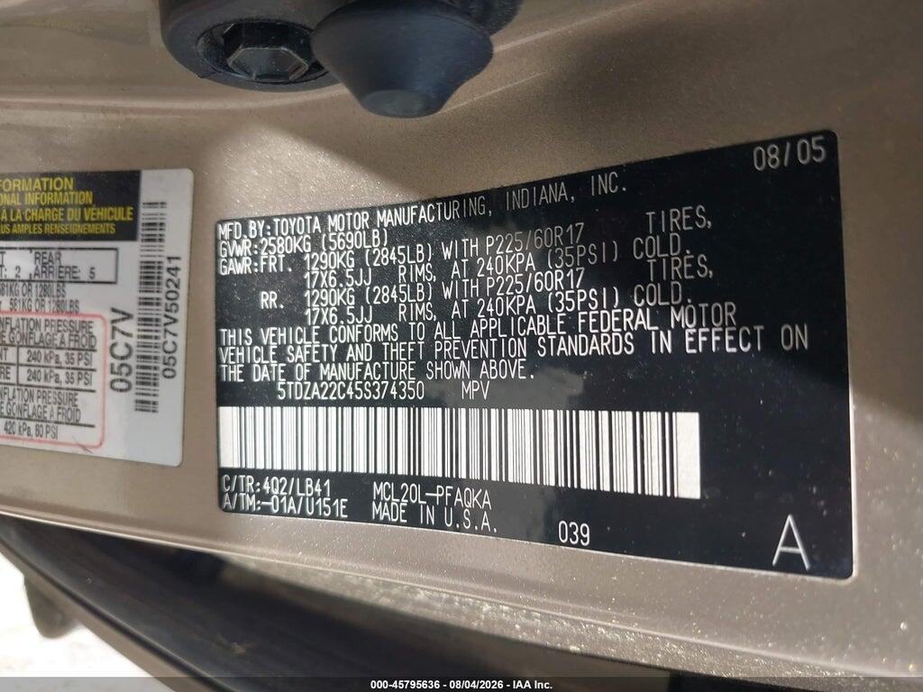 5TDZA22C45S374350 2005 TOYOTA SIENNA photo no. 9