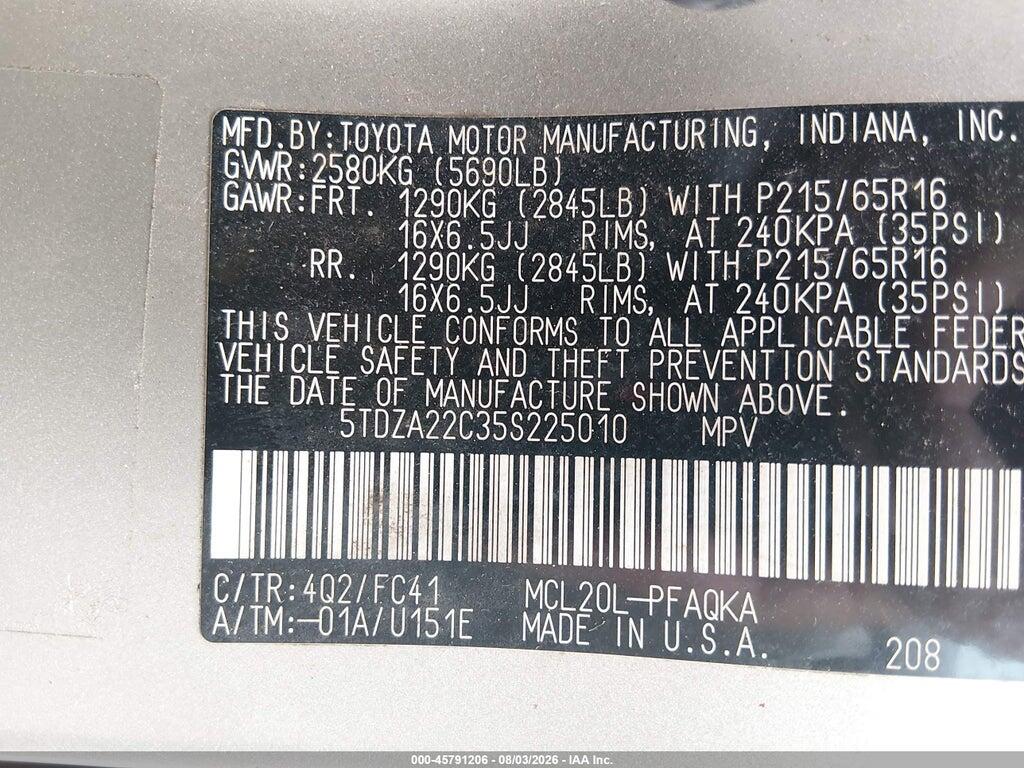 5TDZA22C35S225010 2005 TOYOTA SIENNA photo no. 9