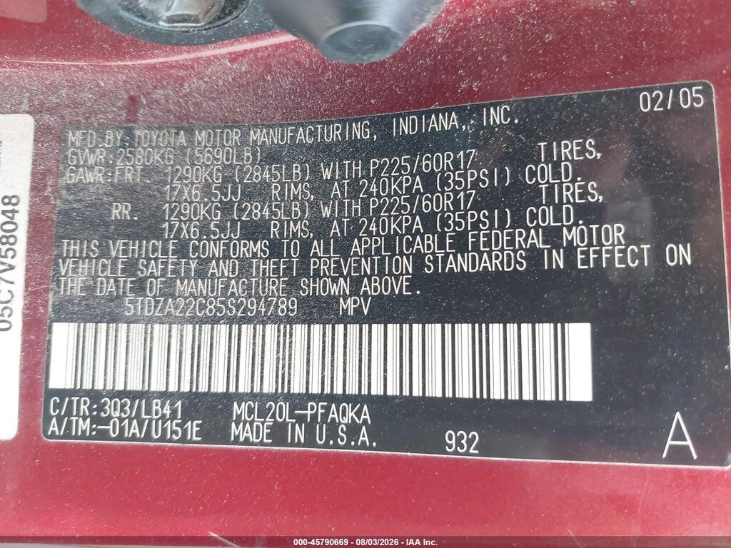 5TDZA22C85S294789 2005 TOYOTA SIENNA photo no. 9