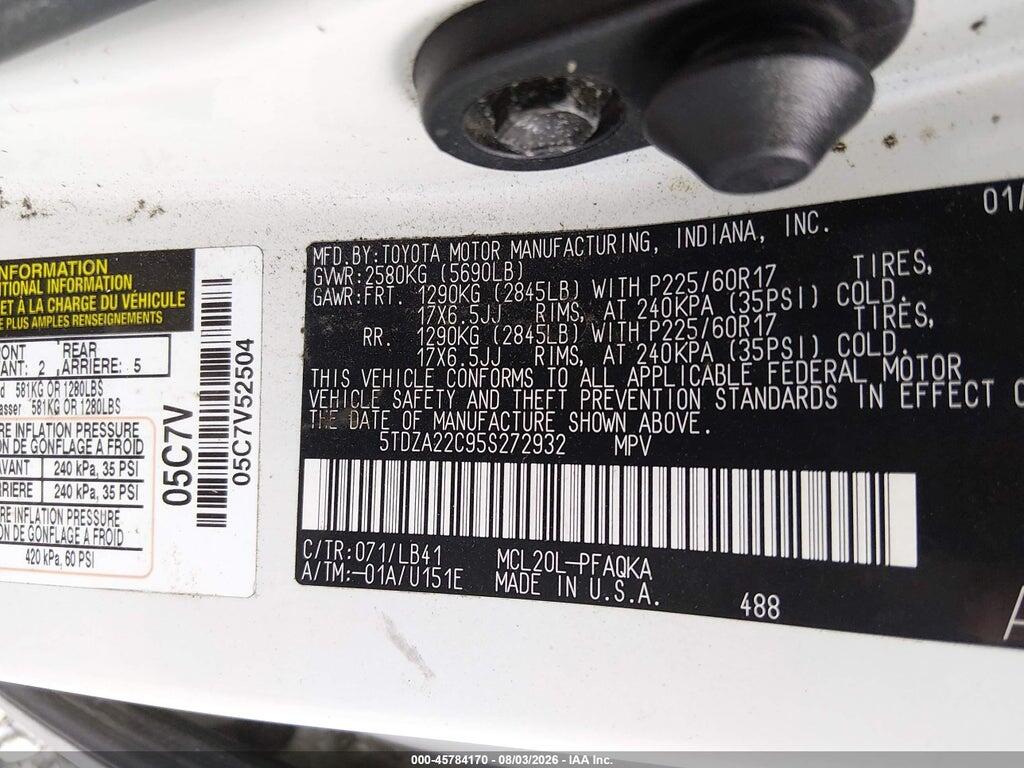 5TDZA22C95S272932 2005 TOYOTA SIENNA photo no. 9