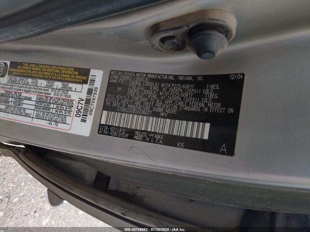 5TDBA22C85S036077 2005 TOYOTA SIENNA photo no. 9