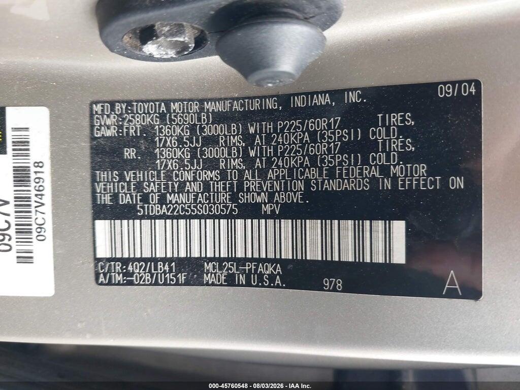 5TDBA22C55S030575 2005 TOYOTA SIENNA photo no. 9