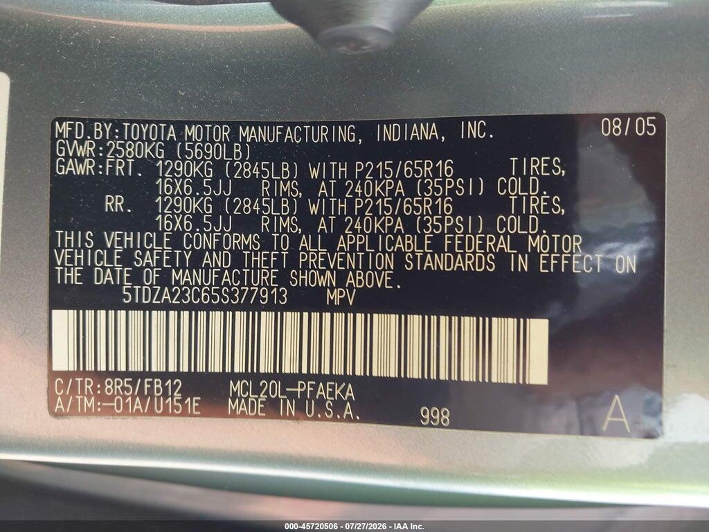 5TDZA23C65S377913 2005 TOYOTA SIENNA photo no. 9