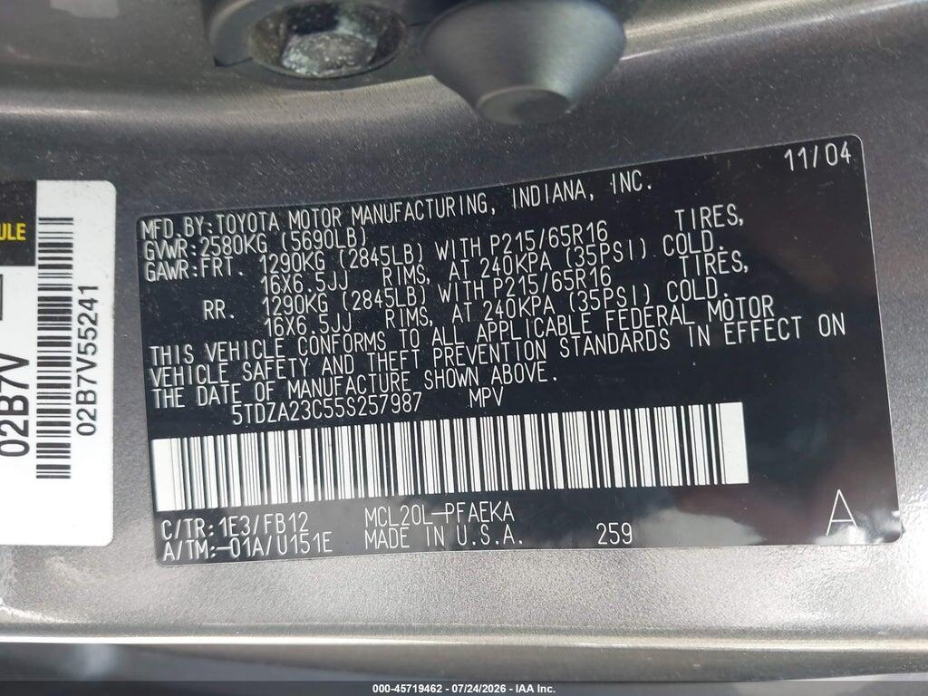 5TDZA23C55S257987 2005 TOYOTA SIENNA photo no. 9