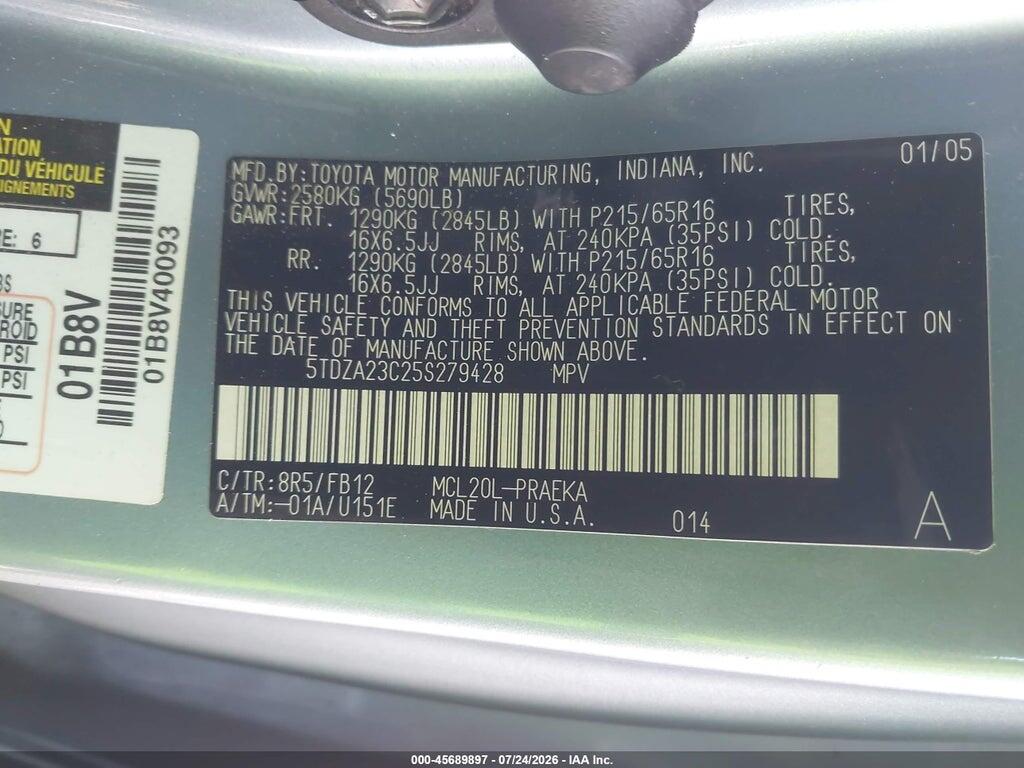 5TDZA23C25S279428 2005 TOYOTA SIENNA photo no. 9