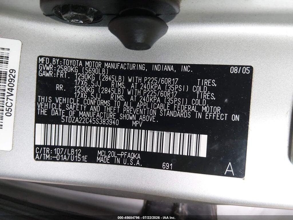 5TDZA22C45S383940 2005 TOYOTA SIENNA photo no. 9