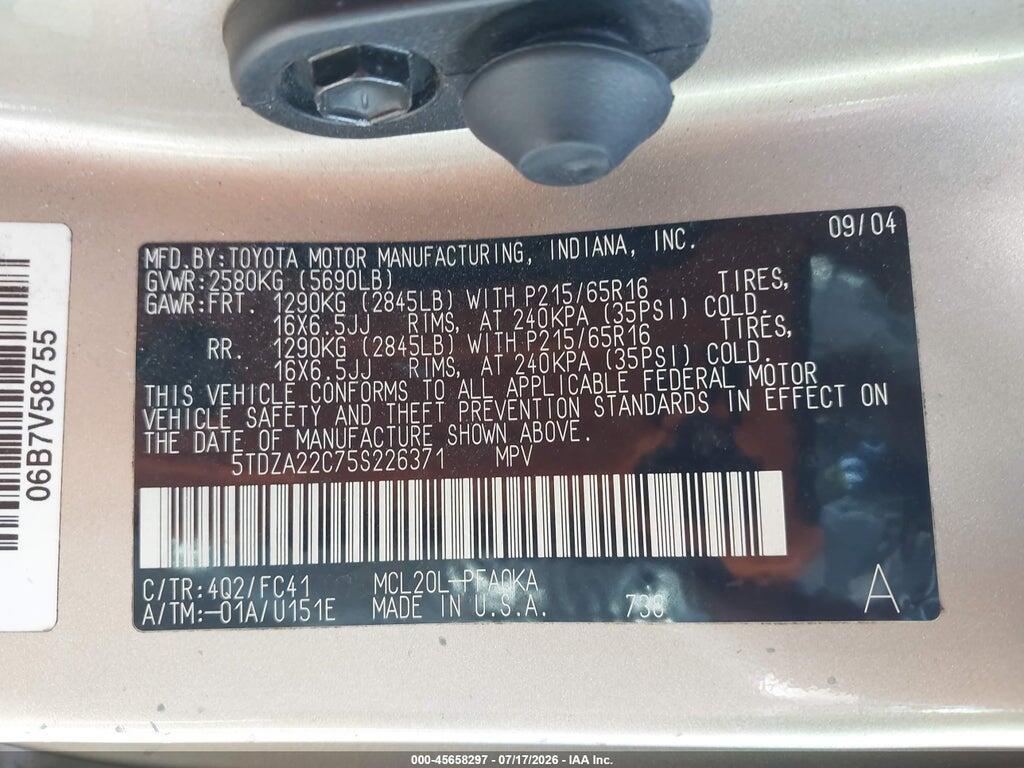 5TDZA22C75S226371 2005 TOYOTA SIENNA photo no. 9