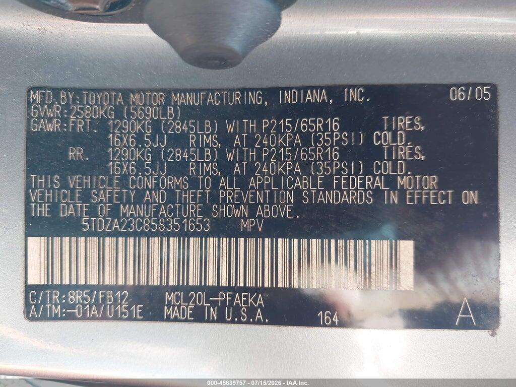 5TDZA23C85S351653 2005 TOYOTA SIENNA photo no. 9