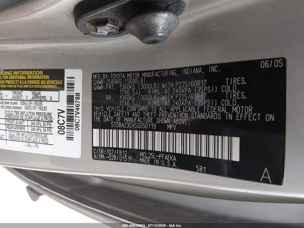 5TDBA23C45S050119 2005 TOYOTA SIENNA photo no. 9
