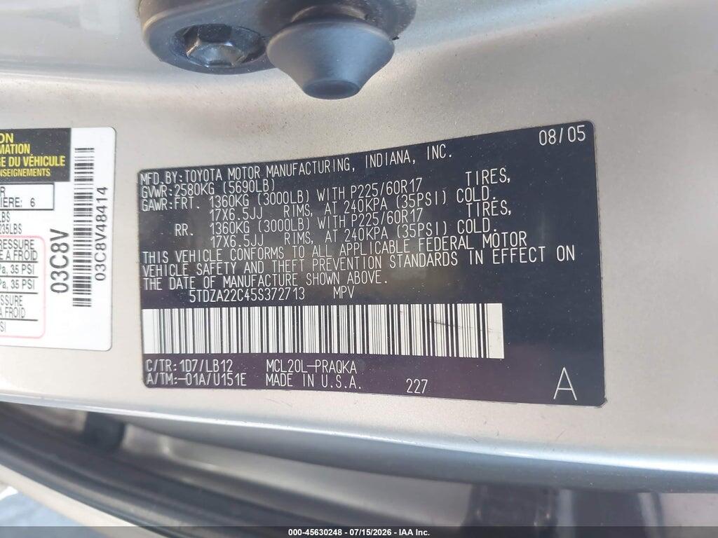 5TDZA22C45S372713 2005 TOYOTA SIENNA photo no. 9