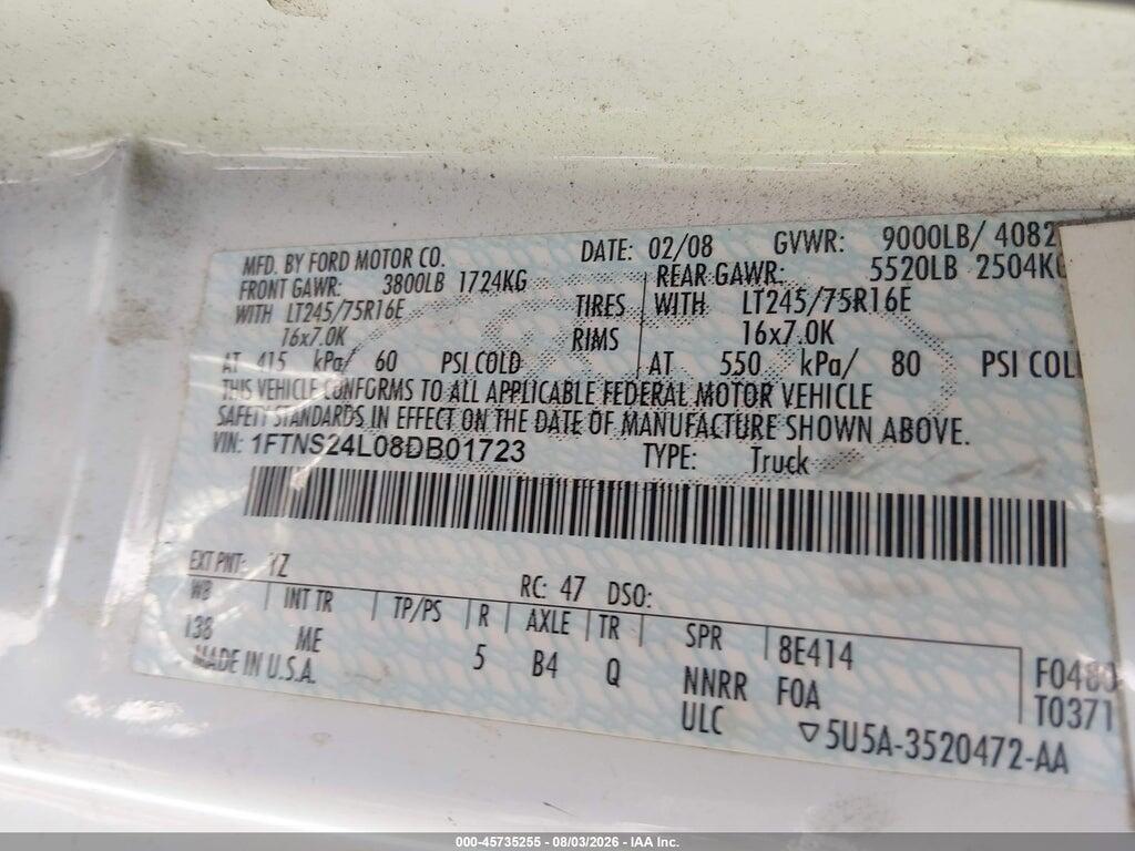 1FTNS24L08DB01723 2008 FORD E-250 photo no. 9